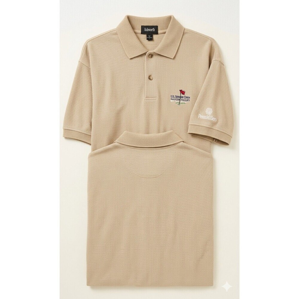 Vintage Ashworth Mens Large Polo Shirt Tan 2000 US Senior Open Saucon Valley